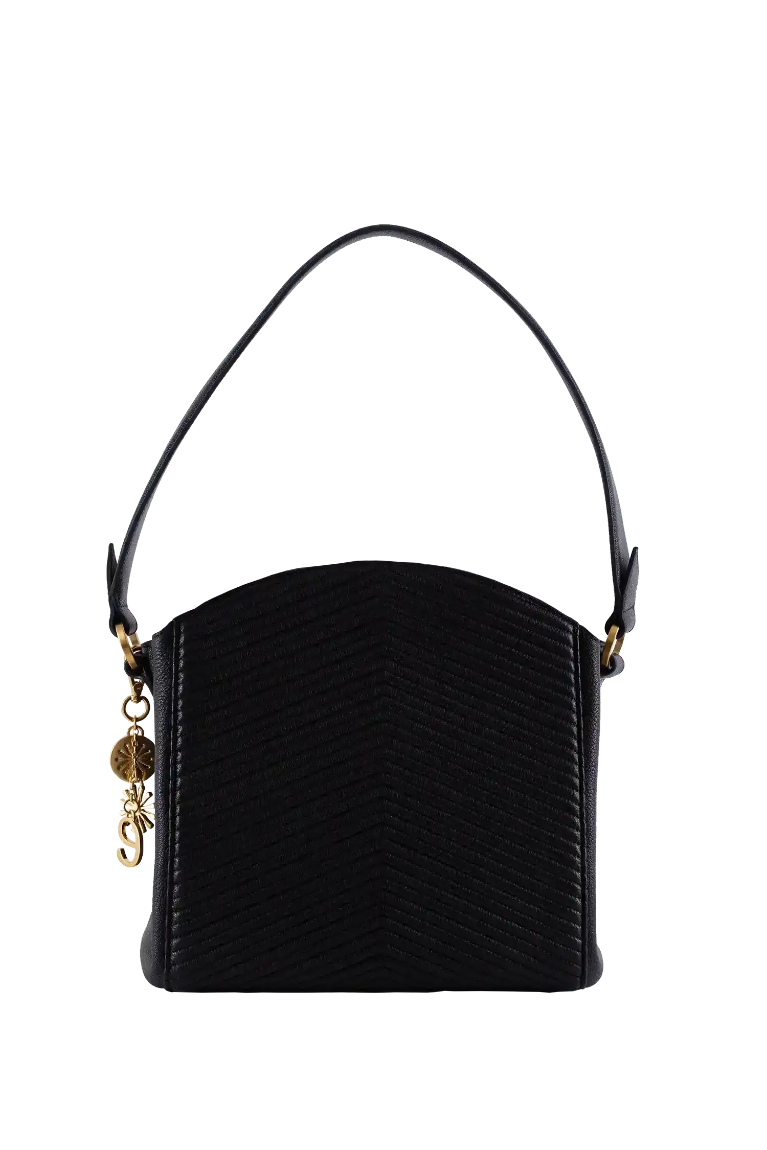 Bolsa preta com textura em V, alça longa e detalhes dourados, design sofisticado e funcional