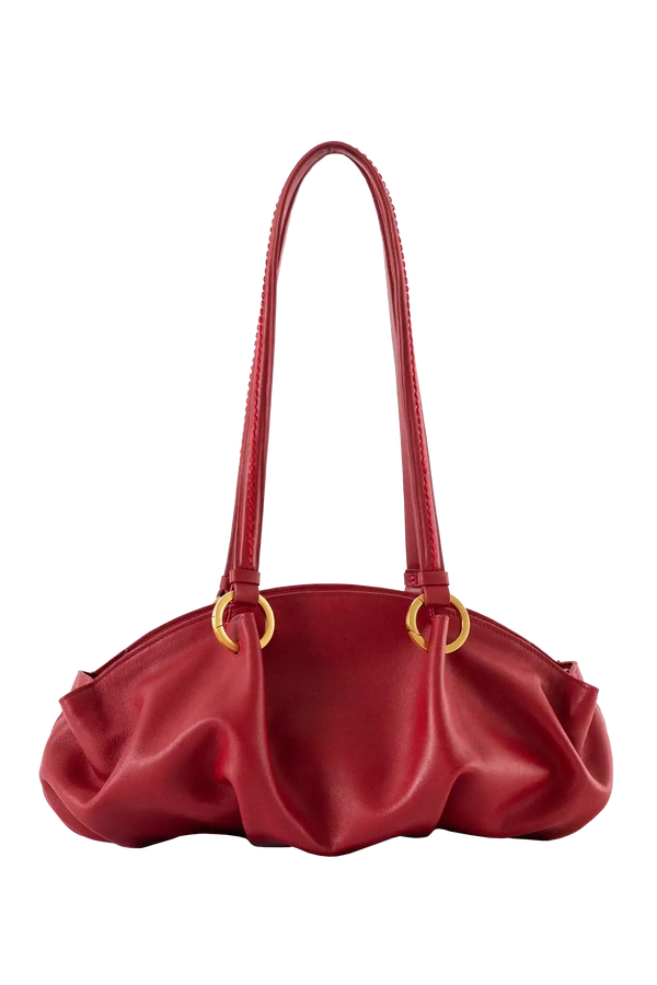 Bolsa baguette em couro legítimo na cor vermelha merlot com fechamento por zíper e alça de ombro confortável, design sofisticado e funcional ideal para o dia a dia.