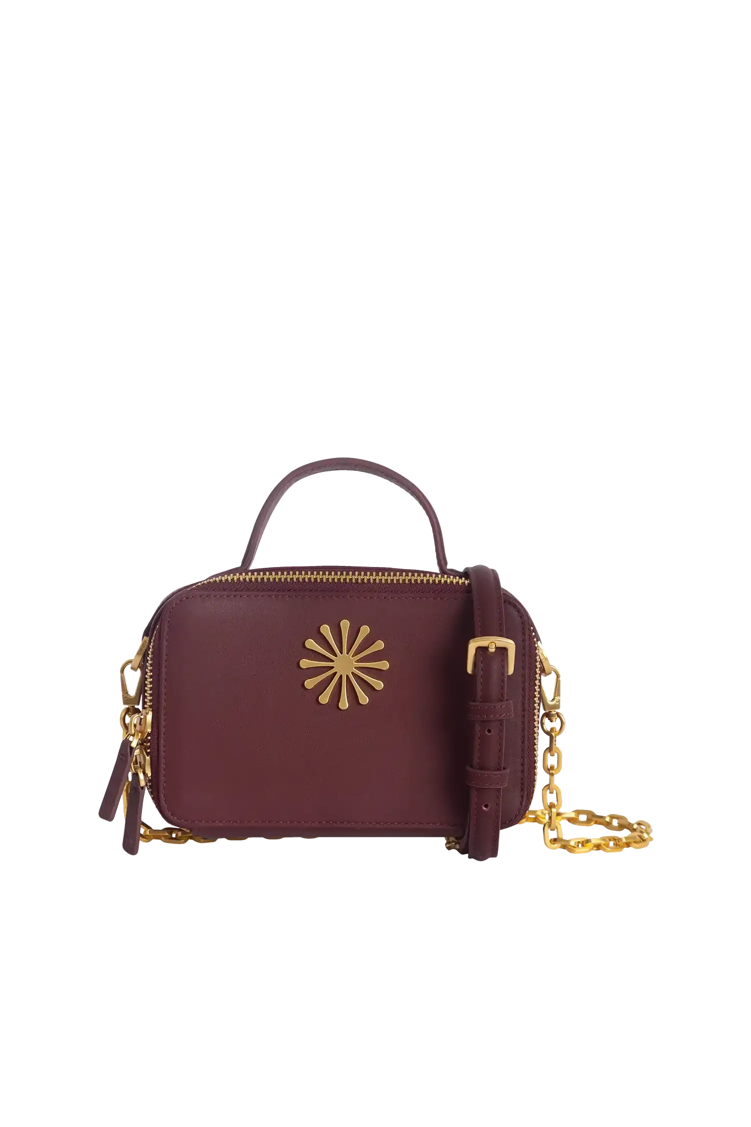 Bolsa de ombro em couro legítimo na cor burgundy com fechamento por zíper e alça de ombro confortável, design sofisticado e funcional ideal para o dia a dia.