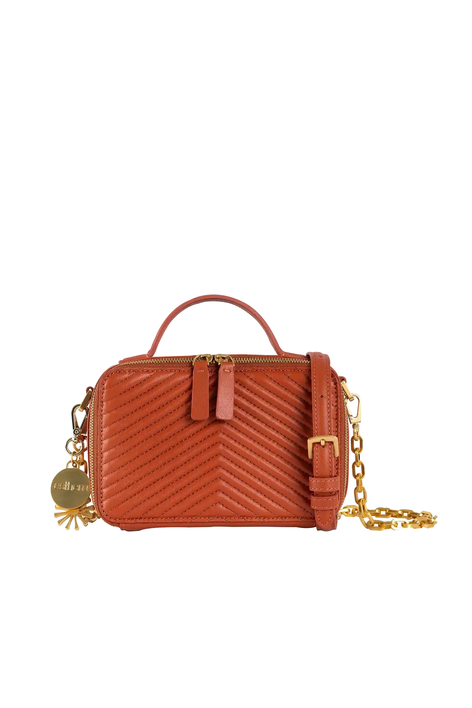 Bolsa laranja com costura em V, alça de corrente dourada e detalhe de logo