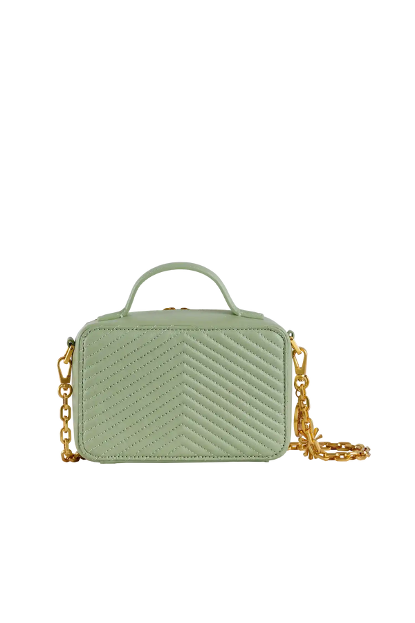 Bolsa verde menta com costura em V e alça de corrente dourada