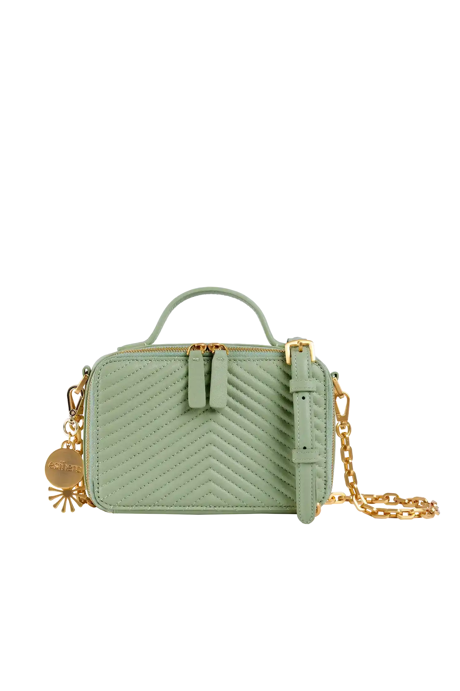 Bolsa verde menta com costura em V e corrente dourada, design sofisticado e funcional