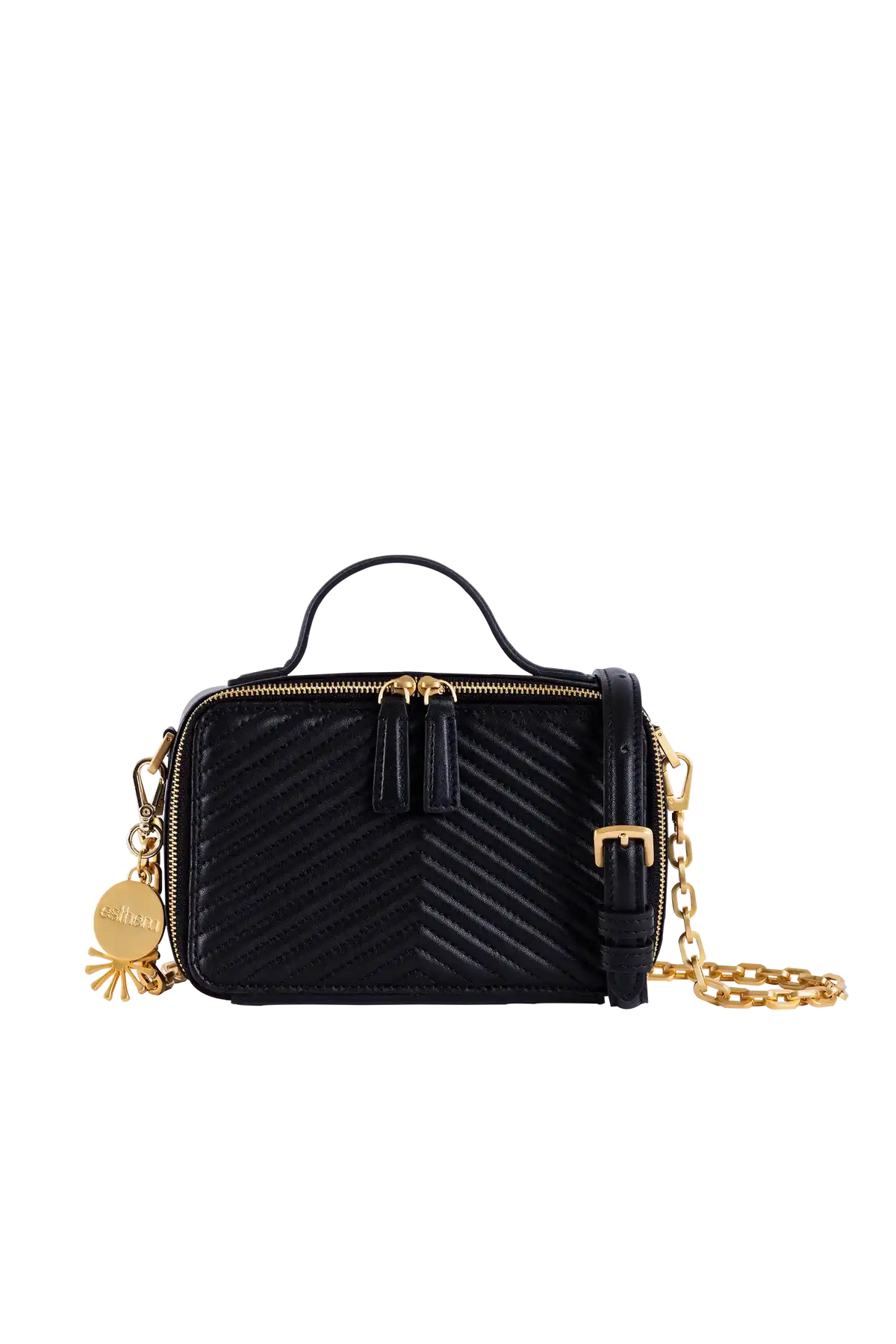 Bolsa preta com textura em V, alça de corrente dourada e detalhes elegantes