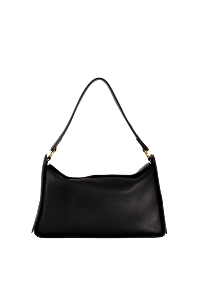 Bolsa de ombro em couro legítimo na cor preta com fechamento por zíper e alça de ombro confortável, design sofisticado e funcional ideal para o dia a dia.