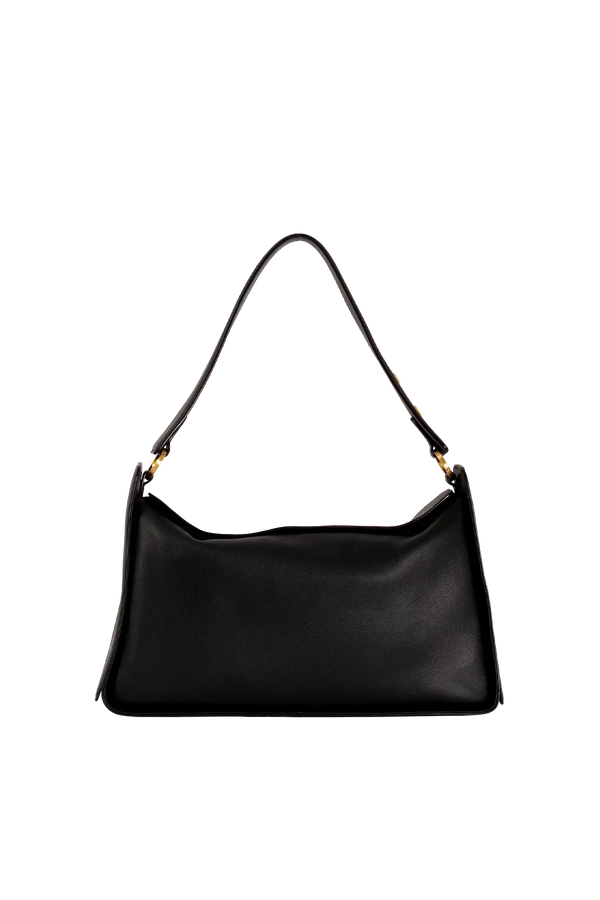 Bolsa de ombro em couro legítimo na cor preta com fechamento por zíper e alça de ombro confortável, design sofisticado e funcional ideal para o dia a dia.