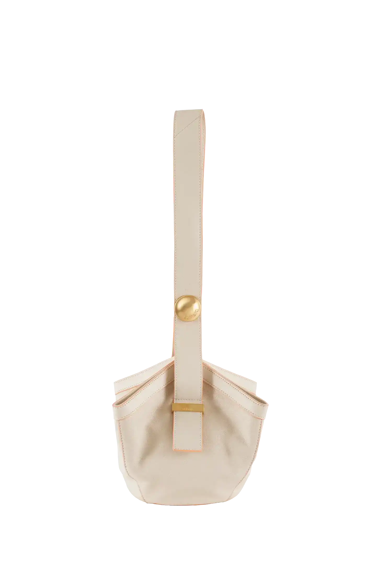 Bolsa de couro bege com alça longa e detalhes dourados, design minimalista e sofisticado