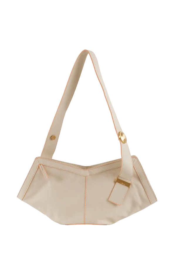 Bolsa de ombro bege com detalhes em rosa e metal dourado, design moderno e sofisticado para uso diário