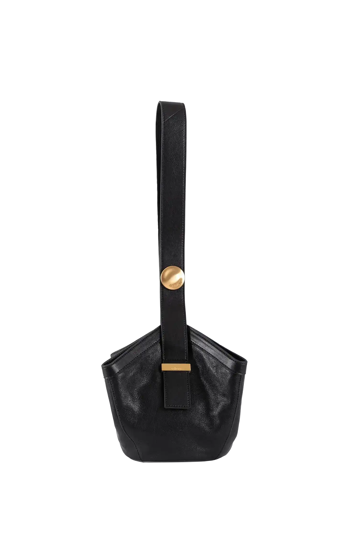 Bolsa preta com alça longa e detalhes dourados, design brasileiro sofisticado