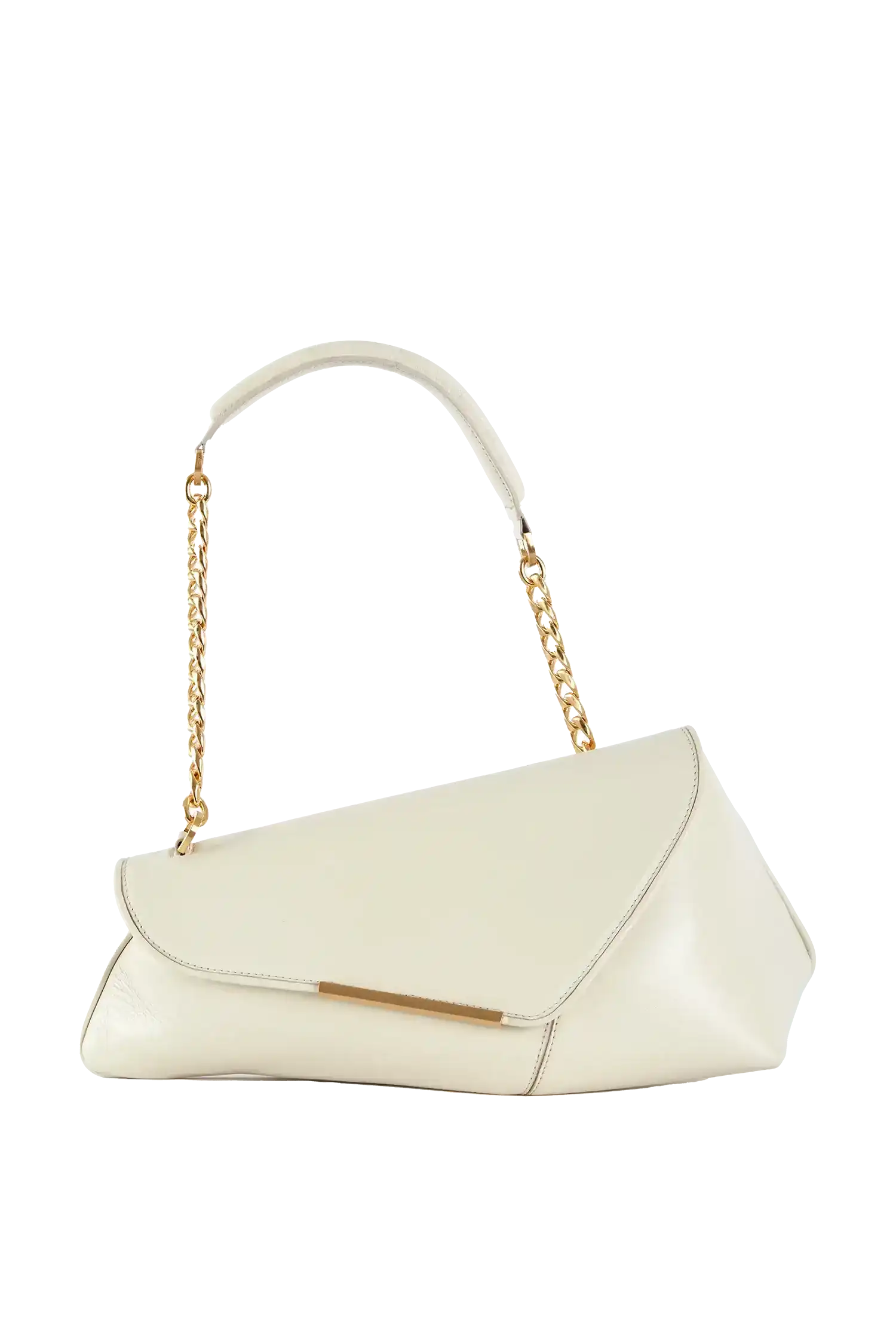 Bolsa branca com alça de corrente dourada e design moderno, ideal para looks sofisticados e funcionais.