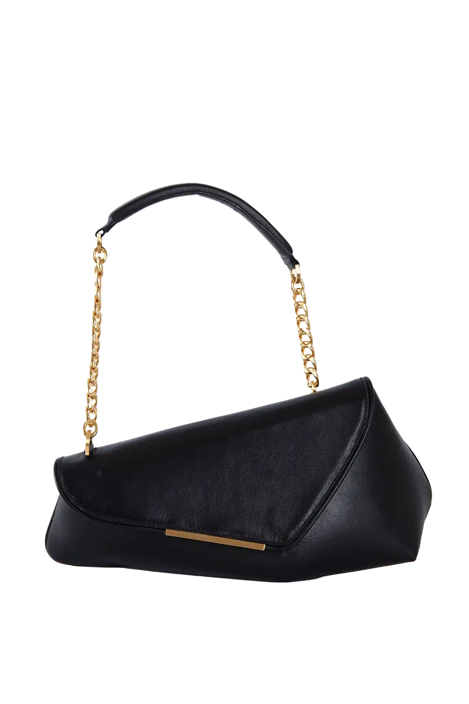 Bolsa preta com alça de corrente dourada e design moderno, ideal para looks sofisticados e funcionais.