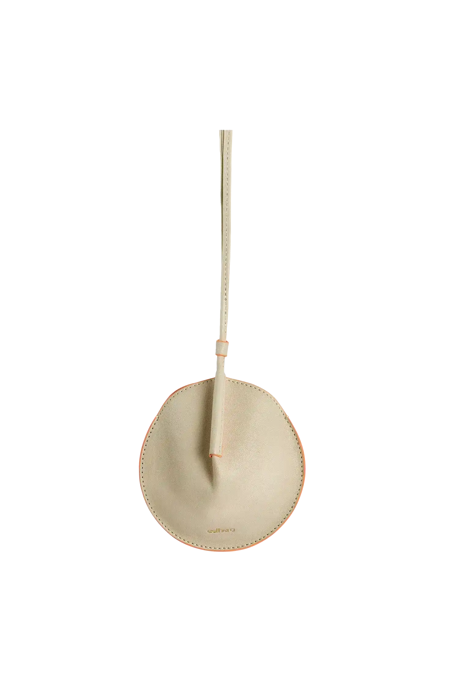 Bolsa circular em couro com alça longa e borda colorida, design brasileiro elegante