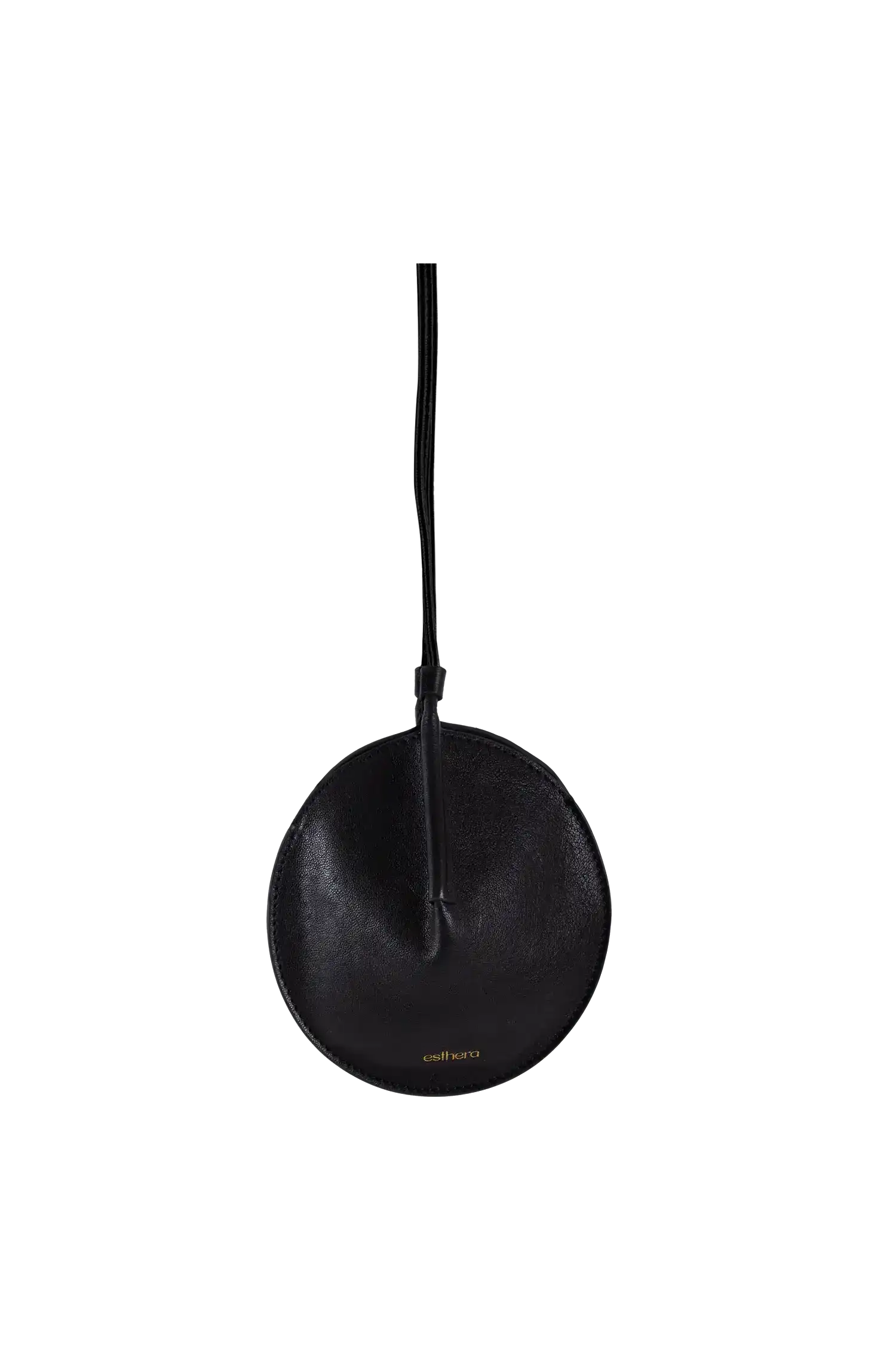 Bolsa circular preta com alça, design brasileiro e sofisticado, ideal para acessórios