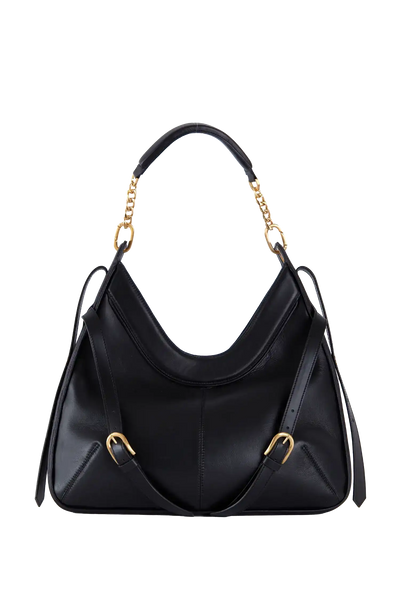 Bolsa preta com alça de corrente dourada e detalhes em metal, design sofisticado e funcional para uso diário.