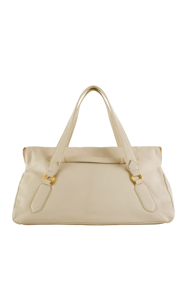 Bolsa de ombro em couro legítimo na cor areia com fechamento por zíper e alça de ombro confortável, design sofisticado e funcional ideal para o dia a dia.