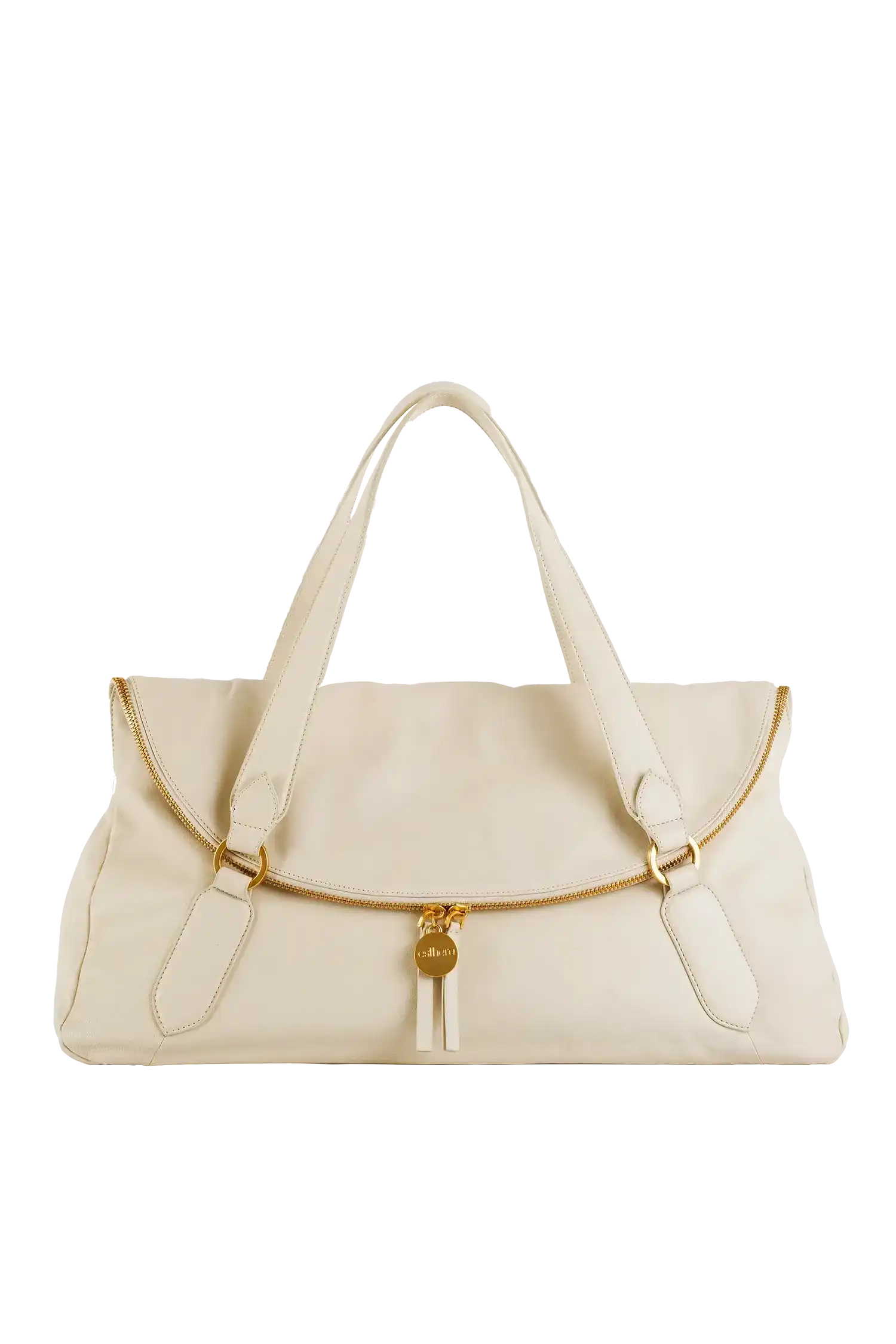 Bolsa branca com zíper dourado e alças elegantes, design sofisticado e funcional