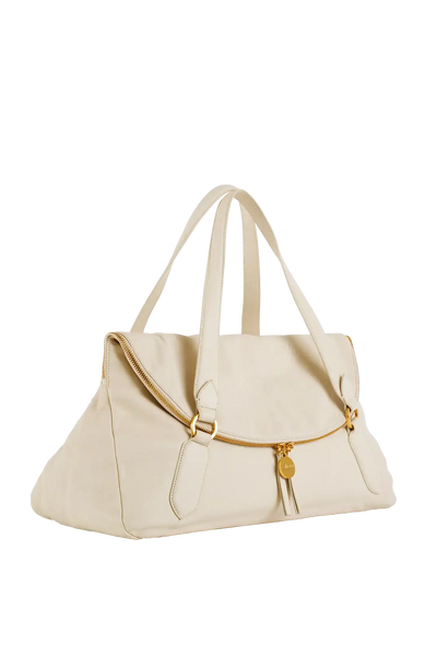 Bolsa bege com alças longas e zíper dourado, design sofisticado e funcional para uso diário