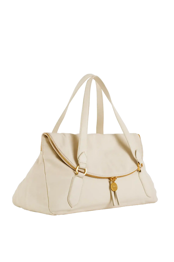 Bolsa bege com alças longas e zíper dourado, design sofisticado e funcional para uso diário