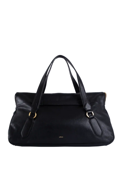 Bolsa preta de couro com alças e detalhes dourados, design sofisticado e funcional para uso diário.