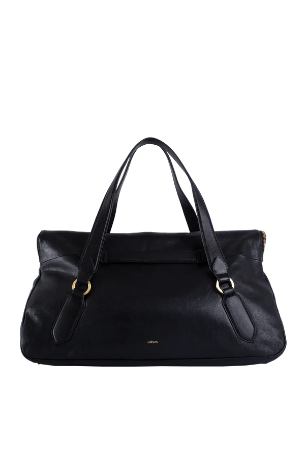 Bolsa preta de couro com alças e detalhes dourados, design sofisticado e funcional para uso diário.