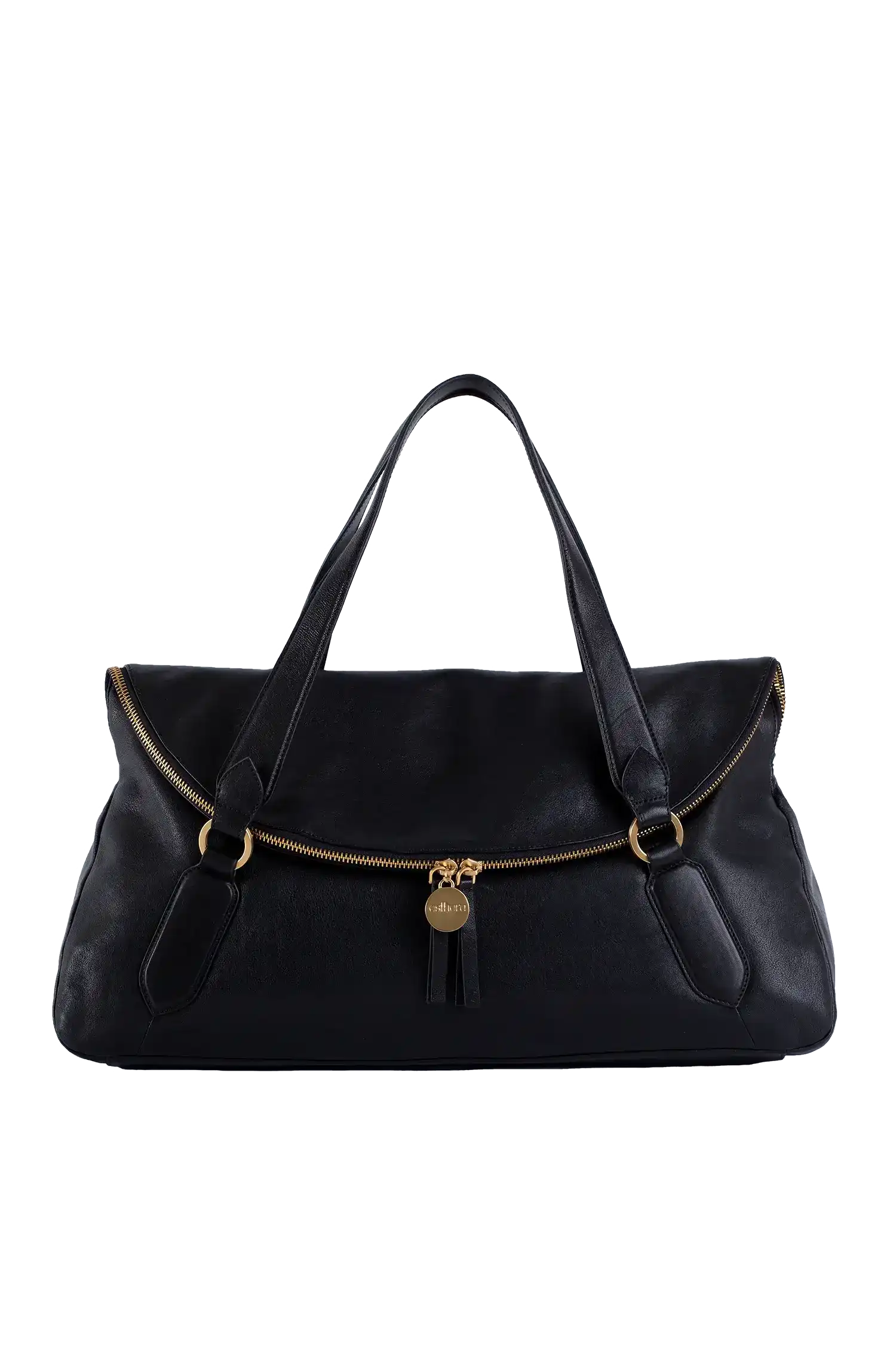 Bolsa preta de couro com alça longa e detalhes dourados, design sofisticado e funcional