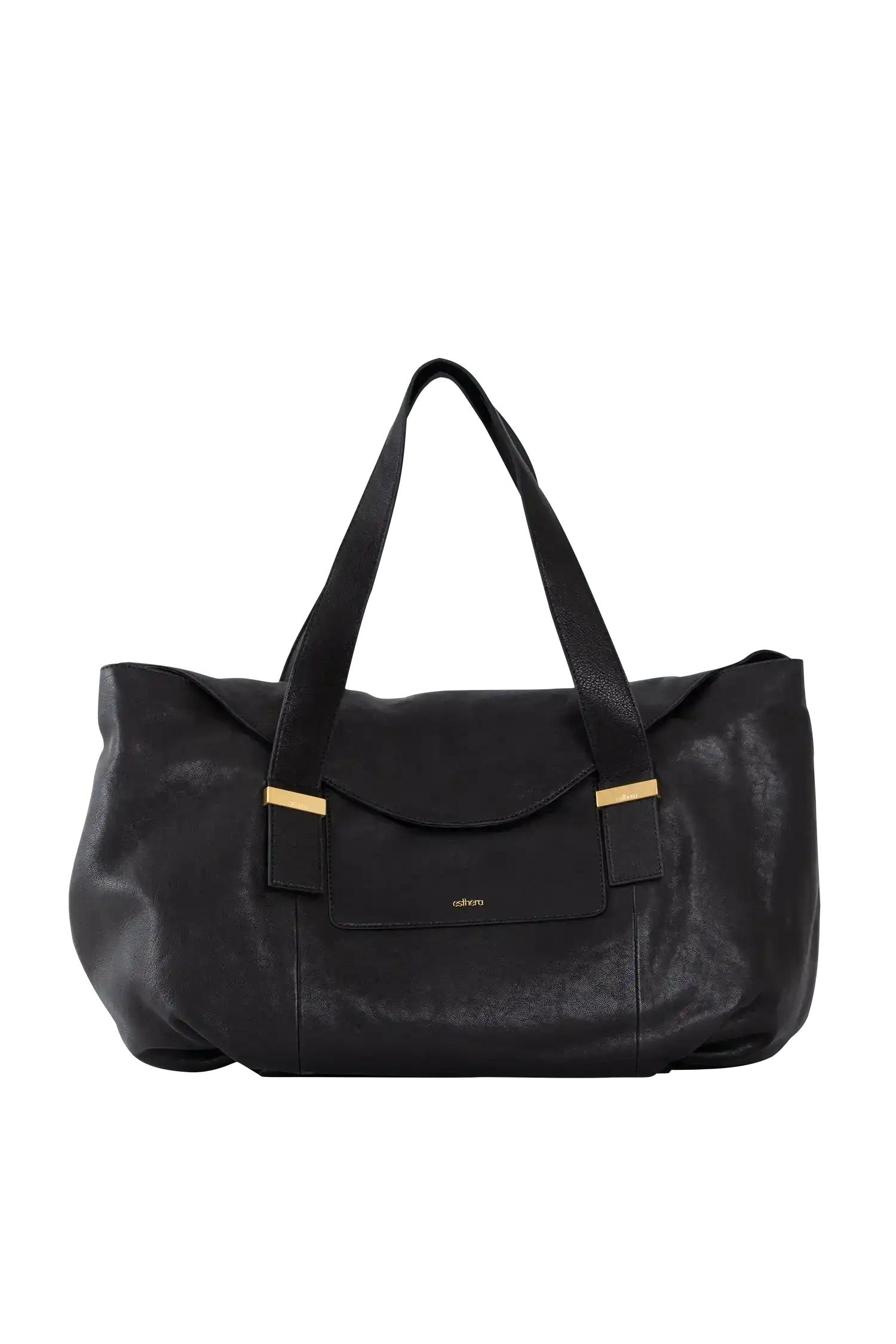 Bolsa preta de couro com detalhes dourados e design sofisticado