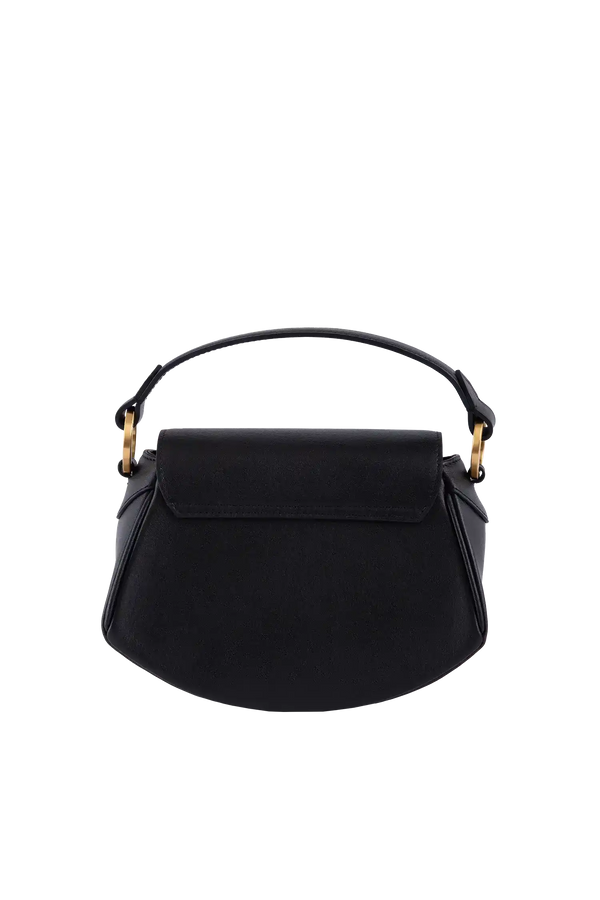 Bolsa preta elegante com alça e detalhes dourados, design sofisticado e funcional
