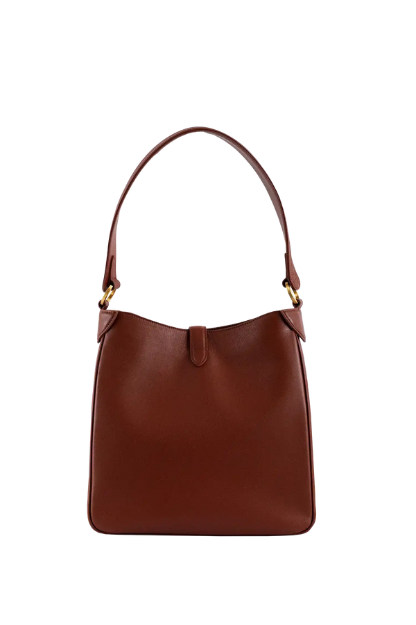 Bolsa marrom de couro com alça longa e design sofisticado, ideal para uso diário e estilo moderno.