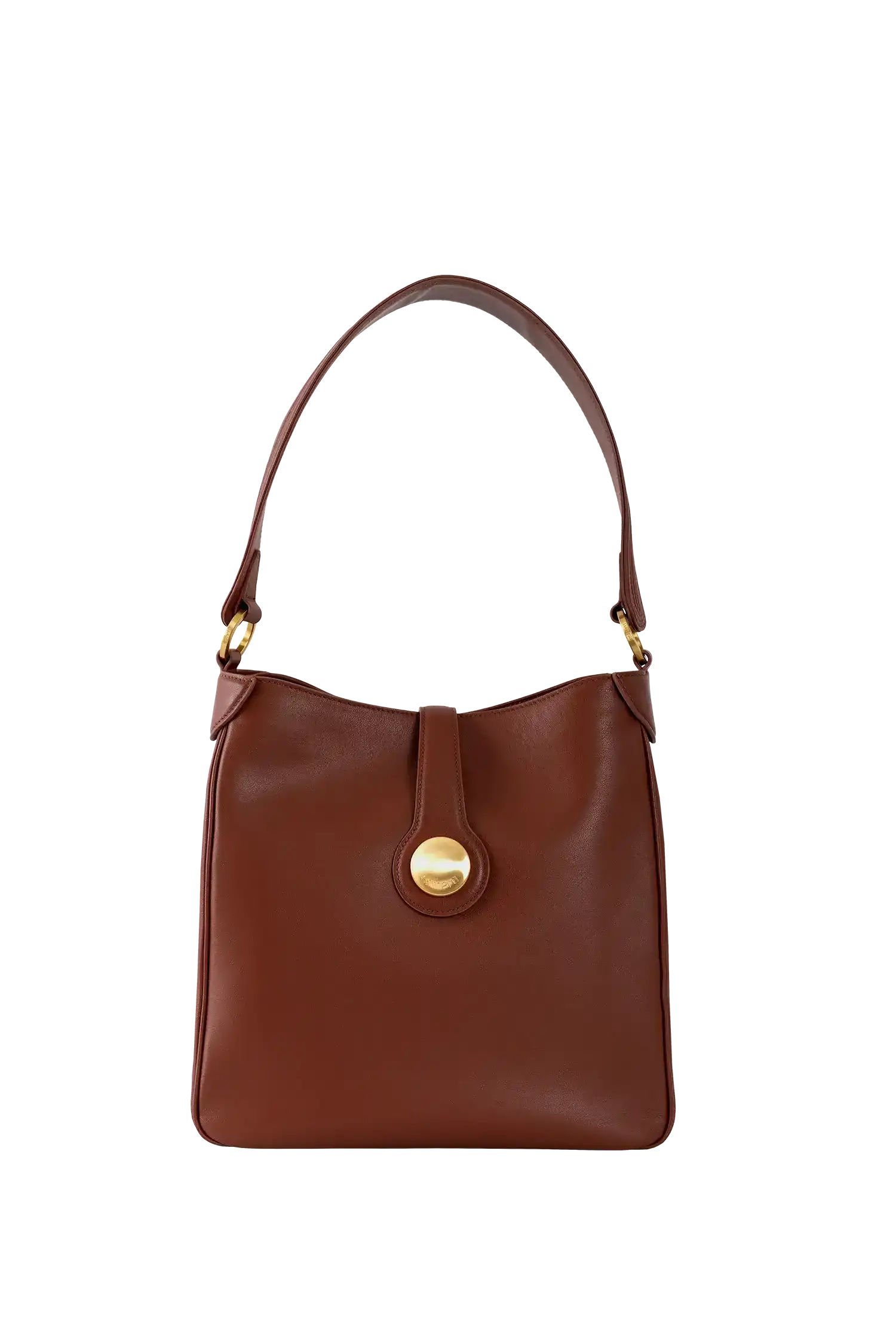 Bolsa marrom com detalhe dourado e alça de mão, design sofisticado e funcional
