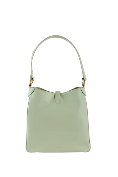 Bolsa verde claro com alça longa e detalhes dourados, design minimalista e sofisticado para uso diário.