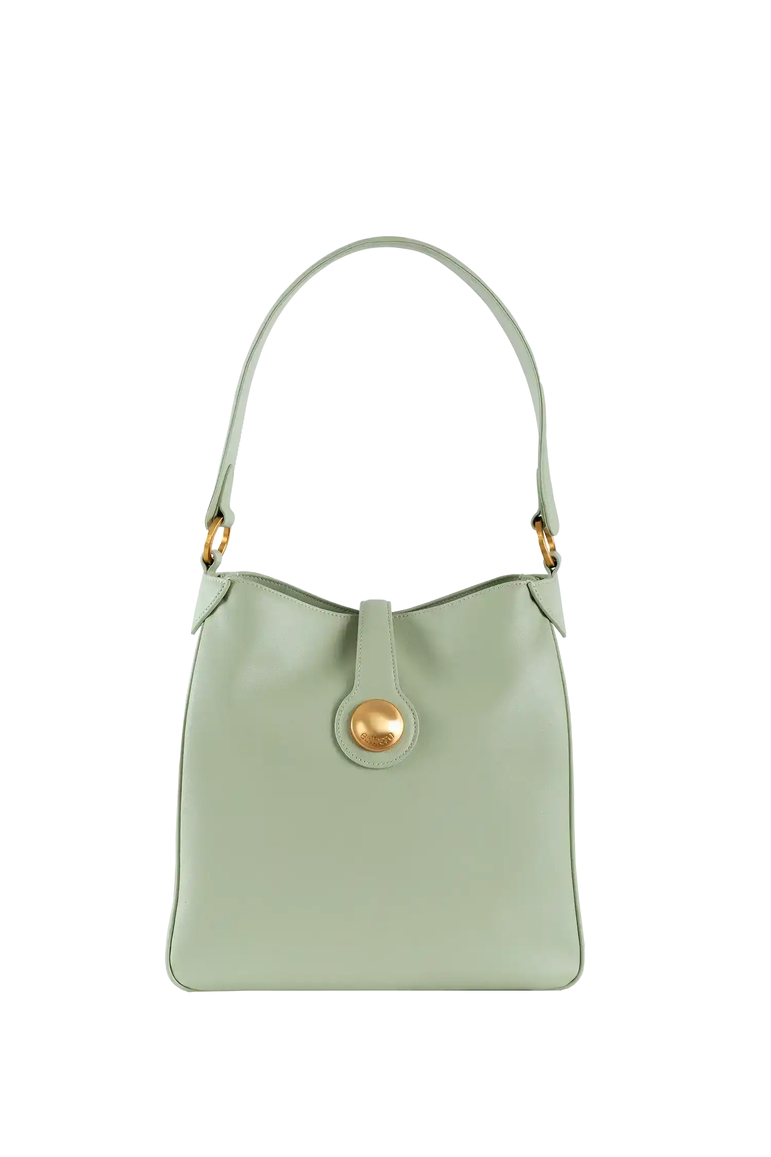 Bolsa verde claro com alça longa e detalhe dourado, design brasileiro e sofisticado