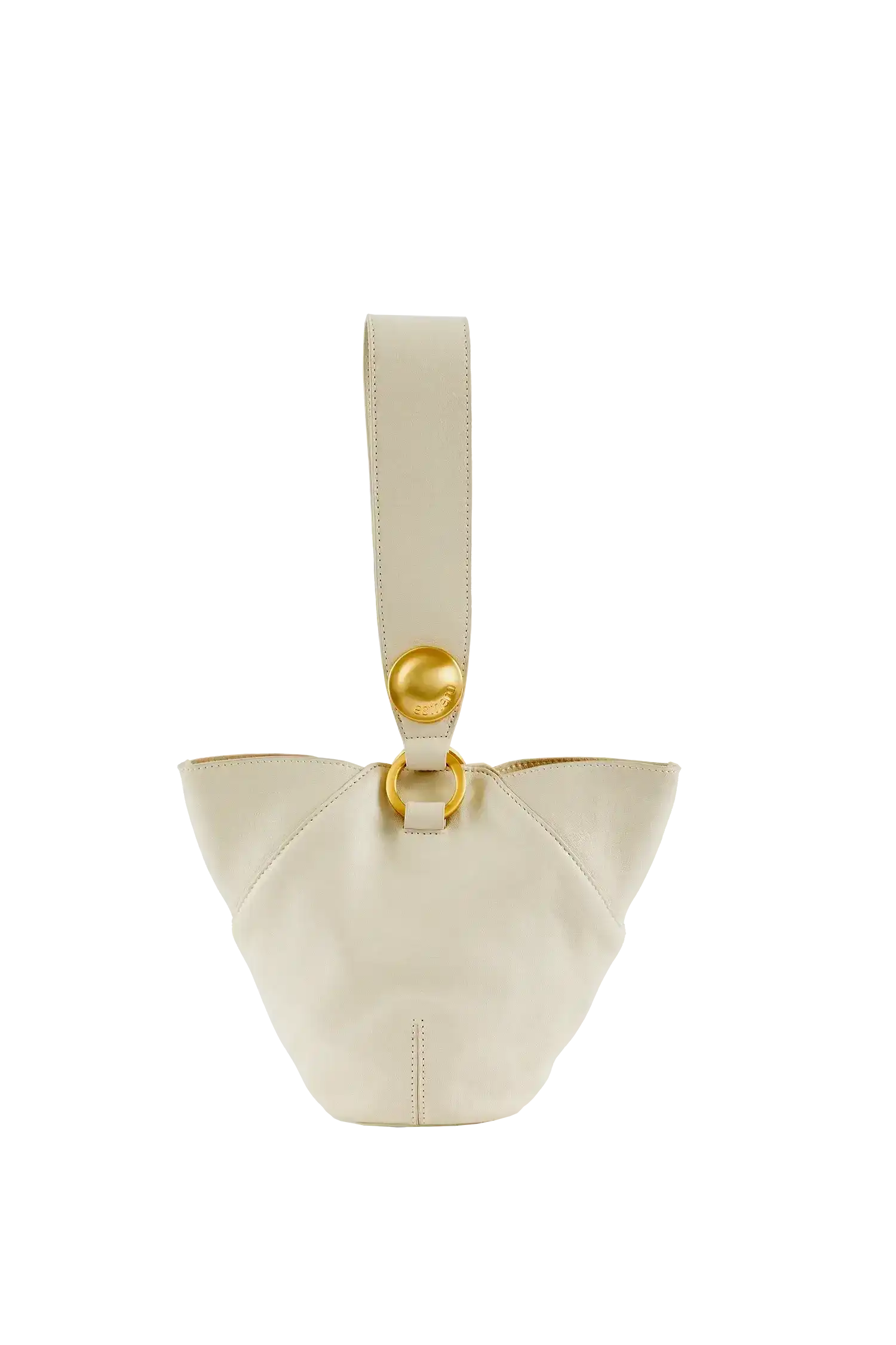 Bolsa de couro bege com alça larga e detalhe dourado, design moderno e sofisticado para uso diário.