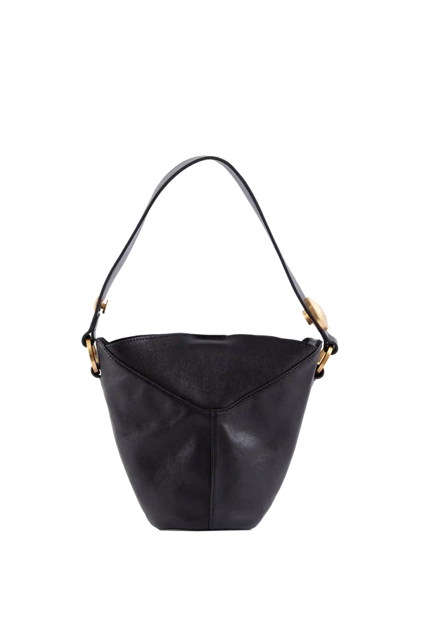 Bolsa preta de couro com alça e detalhes dourados, design sofisticado e funcional