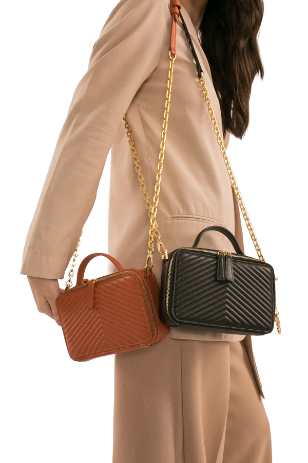 Bolsas femininas com alça de corrente dourada, design chevron em marrom e preto