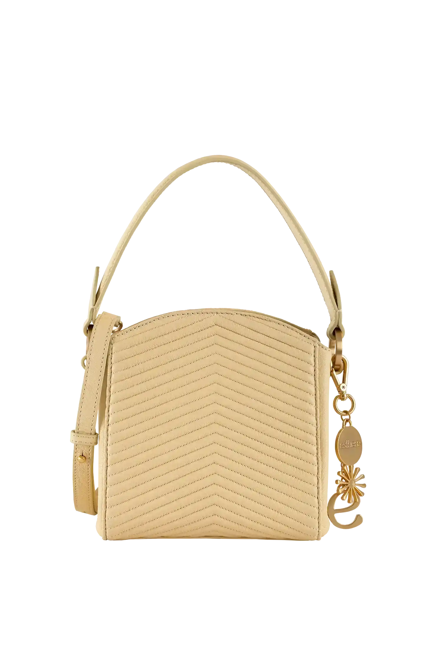 Bolsa bege com costura em V, alça de mão e detalhe dourado, design brasileiro e sofisticado
