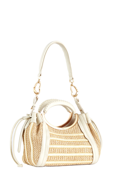 Bolsa de palha com alça circular e detalhes em couro branco, design sofisticado e funcional para uso diário.