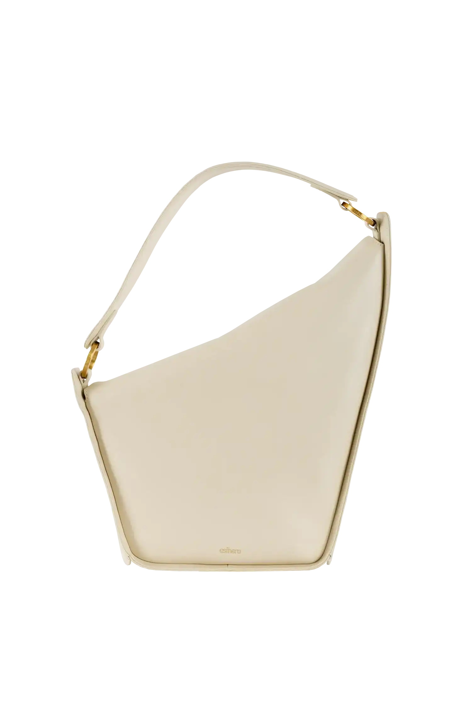 Bolsa de ombro bege com design moderno e detalhes dourados, ideal para looks sofisticados e funcionais.