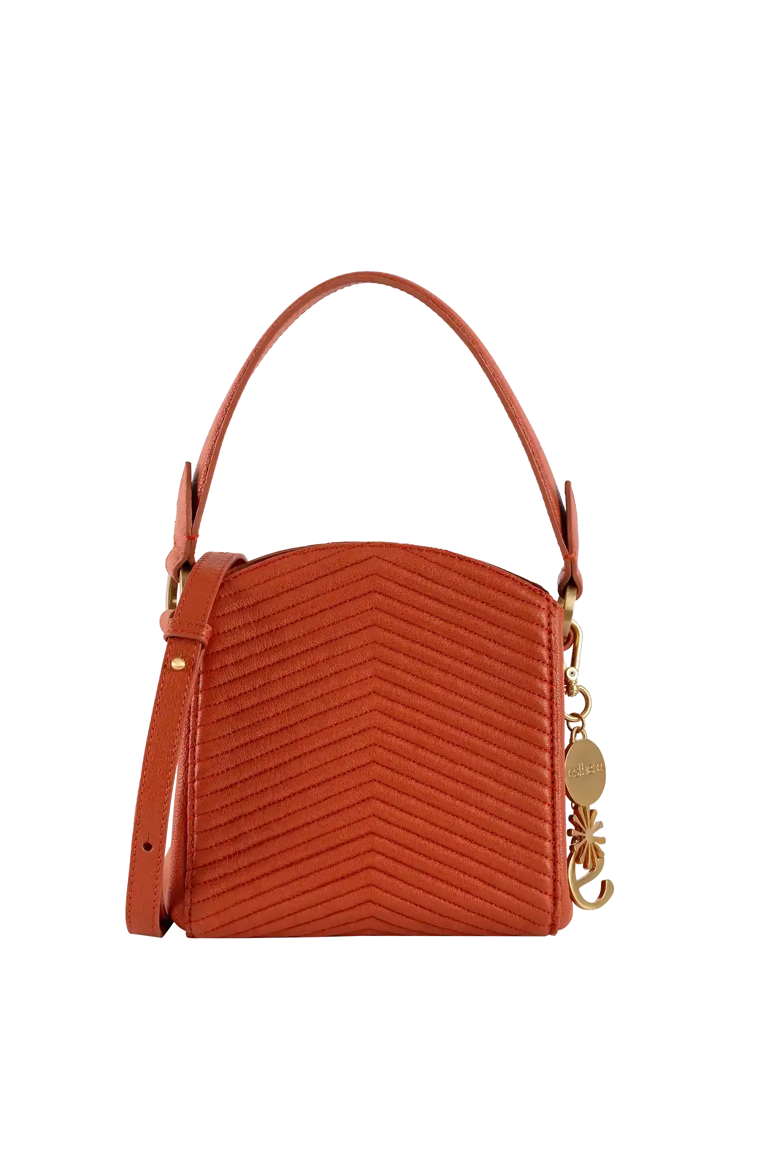 Bolsa laranja com costura em zig-zag, alça de mão e detalhe dourado, design brasileiro sofisticado e funcional