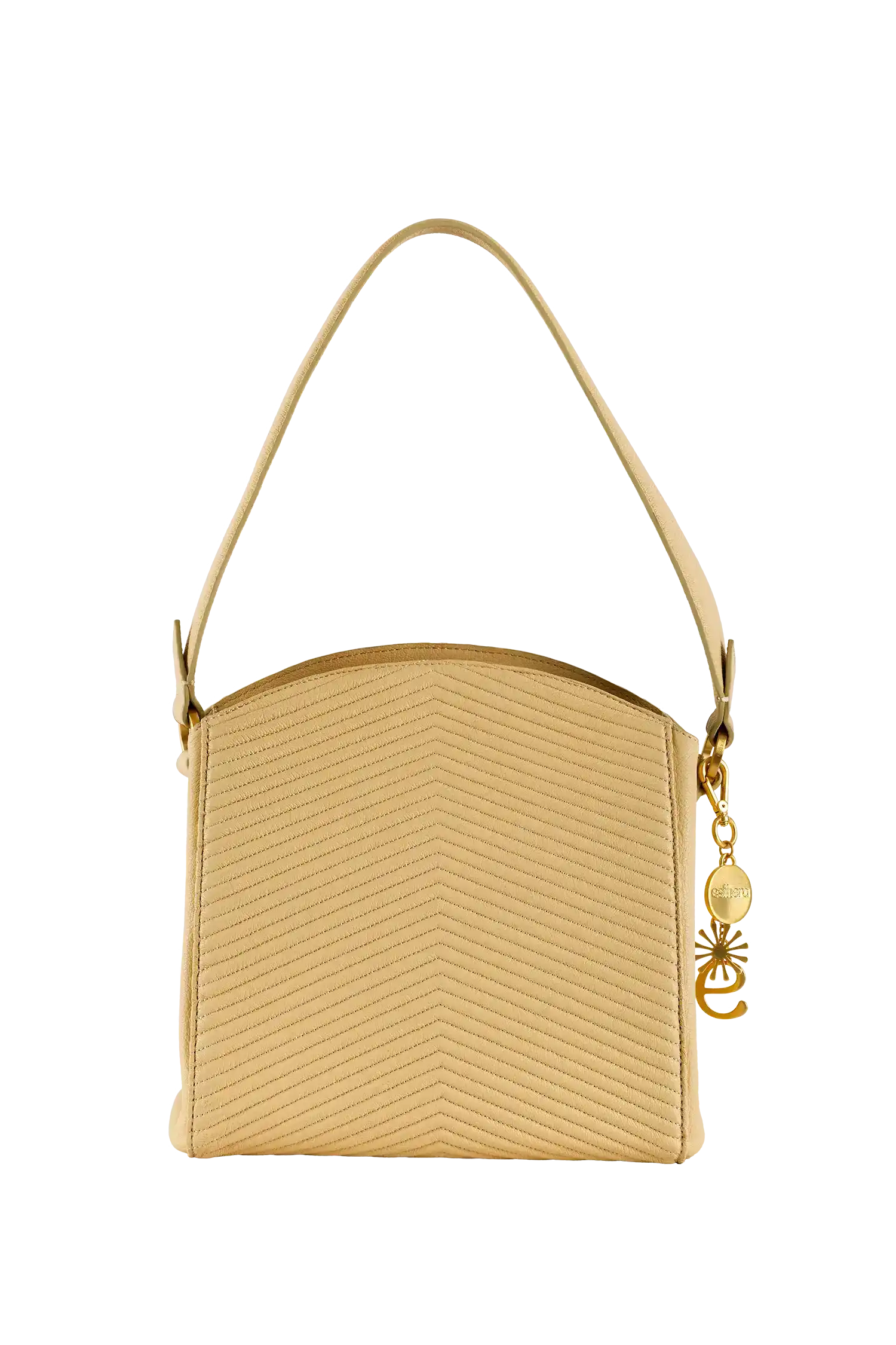 Bolsa bege com costura em V, alça fina e detalhe dourado, design brasileiro e sofisticado