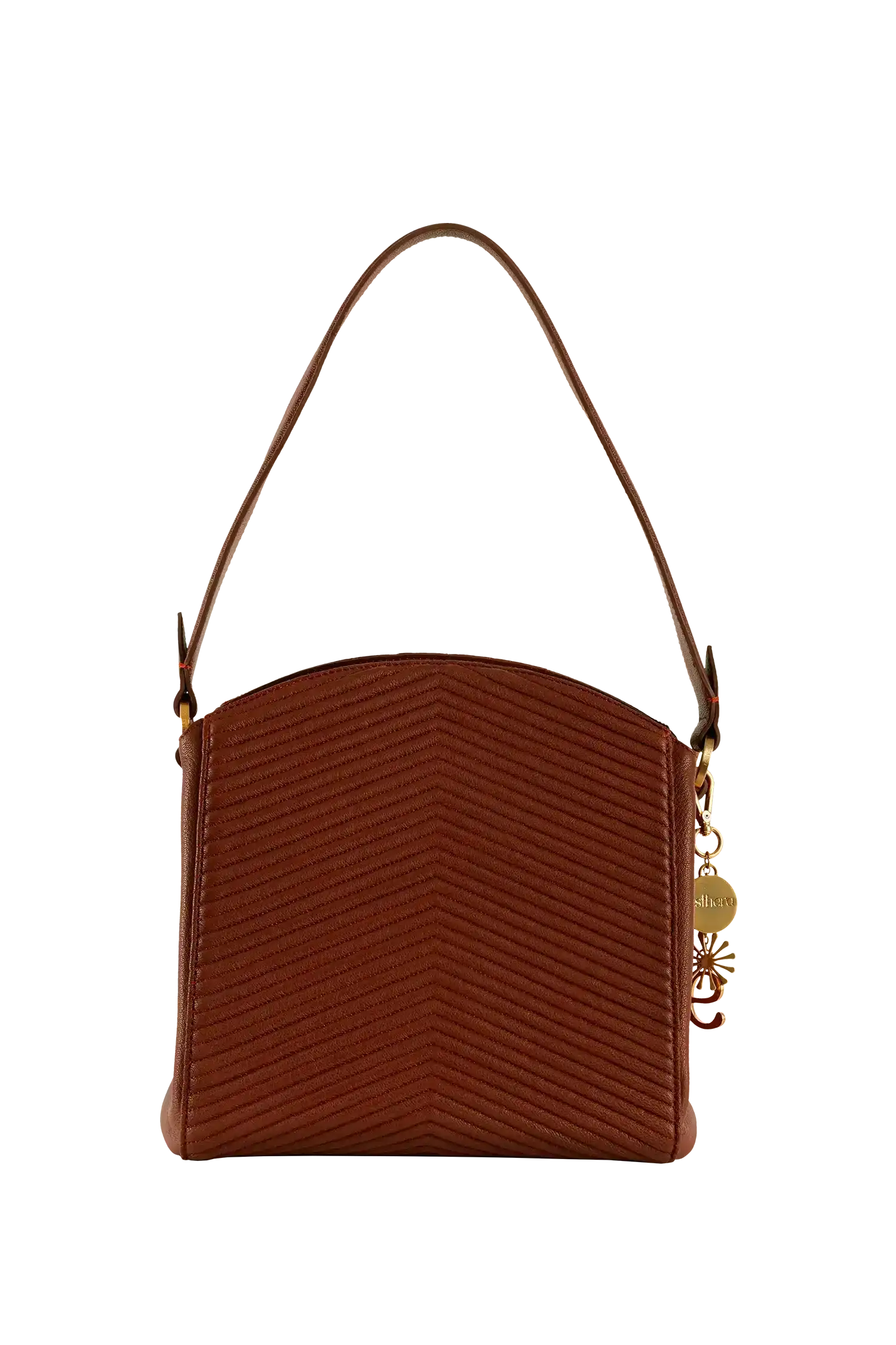 Bolsa marrom com textura em V e detalhes dourados, design brasileiro sofisticado