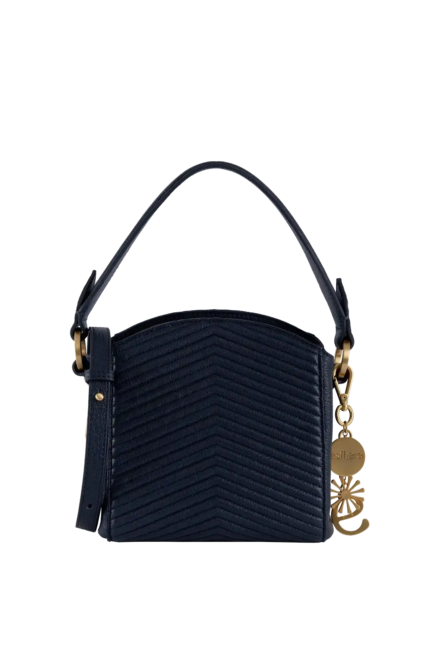 Bolsa preta com textura em V e detalhes dourados, design brasileiro sofisticado e funcional