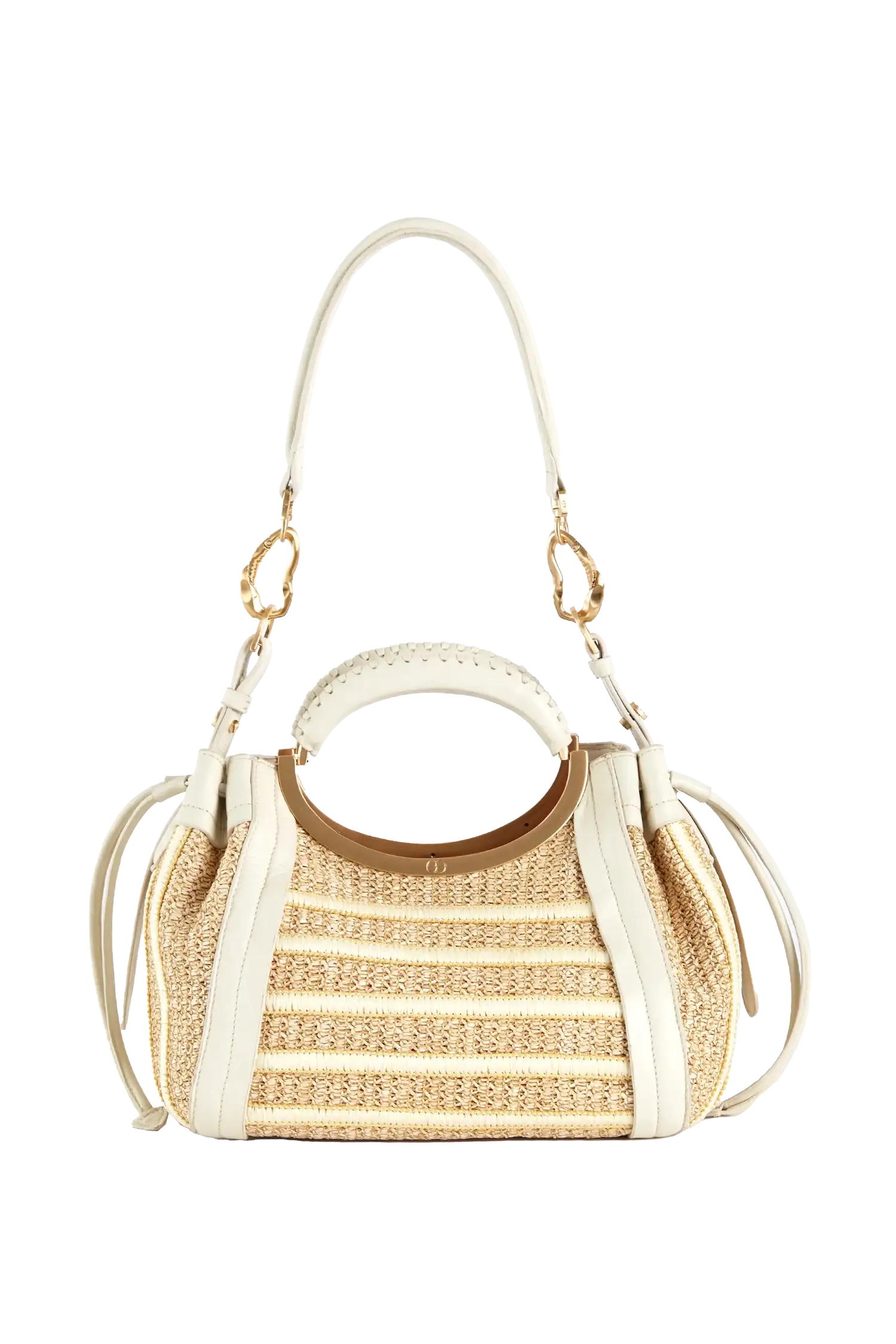 Bolsa de palha com alça circular branca e detalhes em couro, design sofisticado e funcional para o dia a dia.