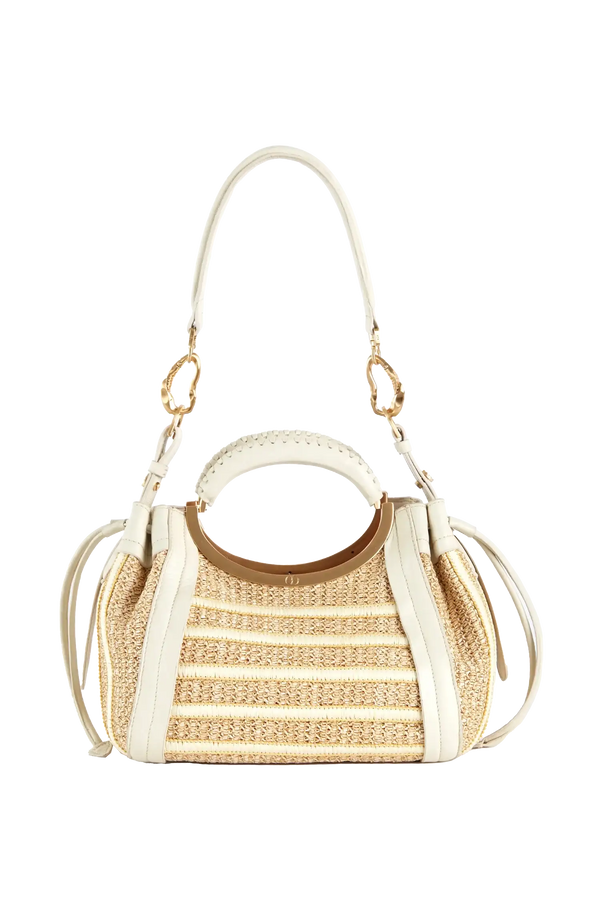 Bolsa de palha com alça circular branca e detalhes em couro, design sofisticado e funcional para o dia a dia.