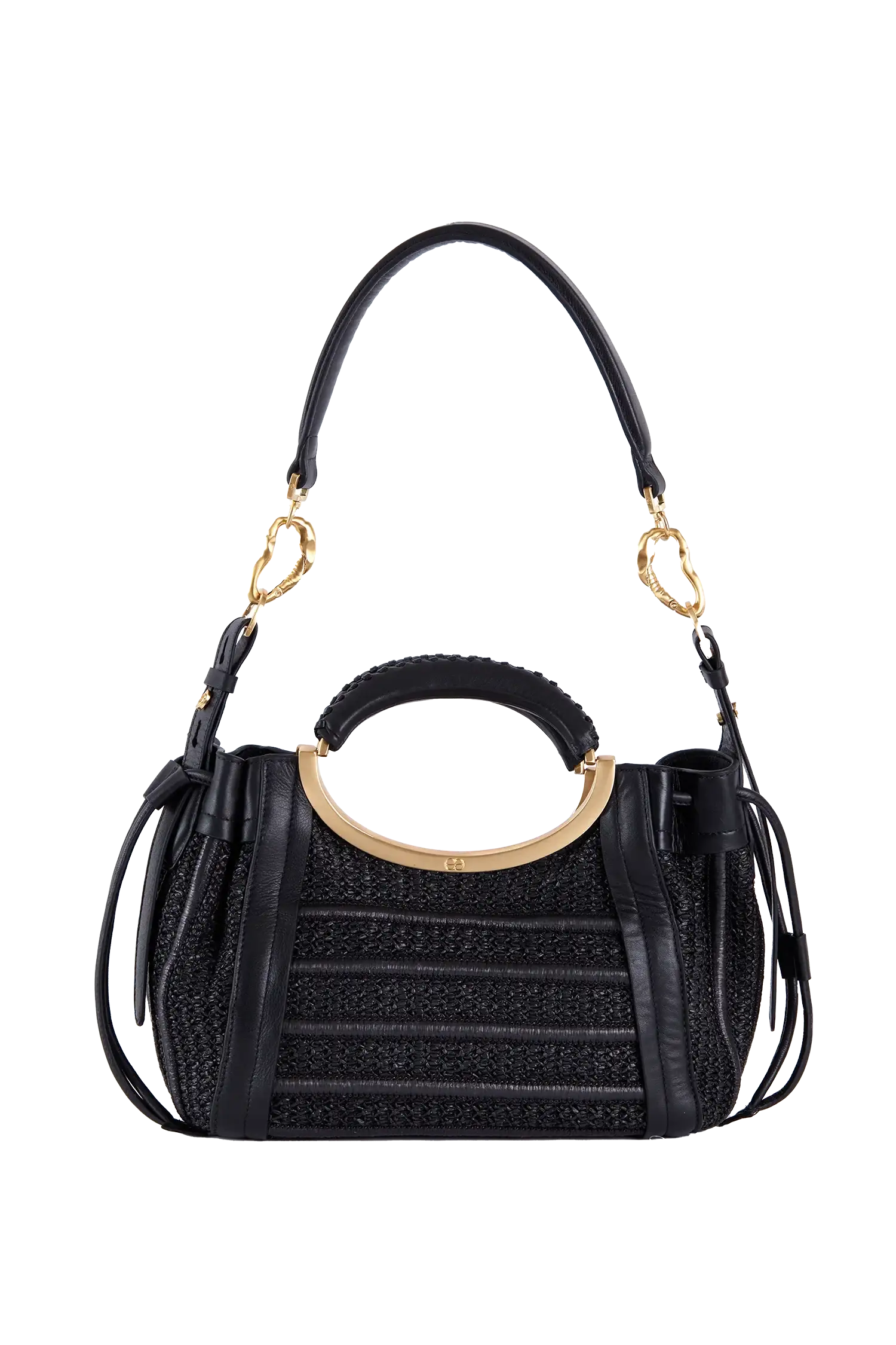 Bolsa preta com alça circular dourada e detalhes em couro, design sofisticado e funcional