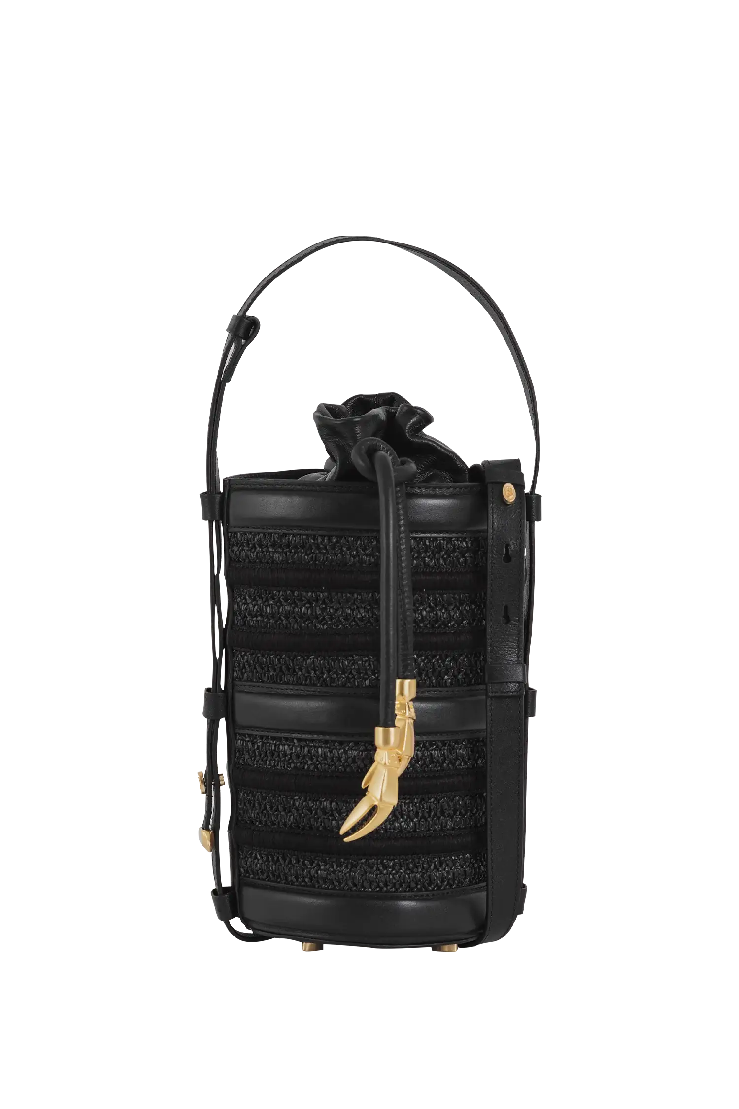 Bolsa preta com detalhes dourados e textura sofisticada, ideal para acessórios elegantes
