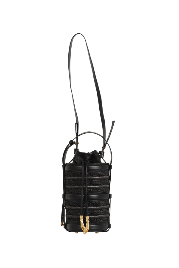Bolsa preta com alça longa e detalhes dourados, design sofisticado e funcional