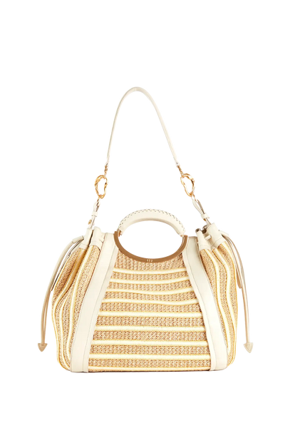Bolsa de palha com alça circular e detalhes em couro, design brasileiro sofisticado