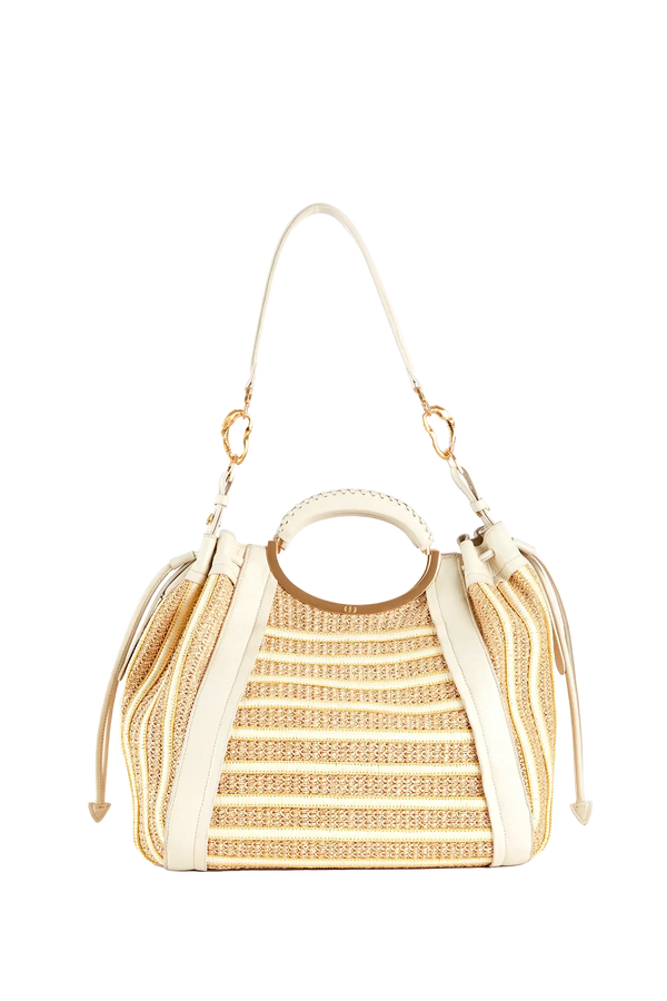 Bolsa de palha com alça circular e detalhes em couro, design brasileiro sofisticado