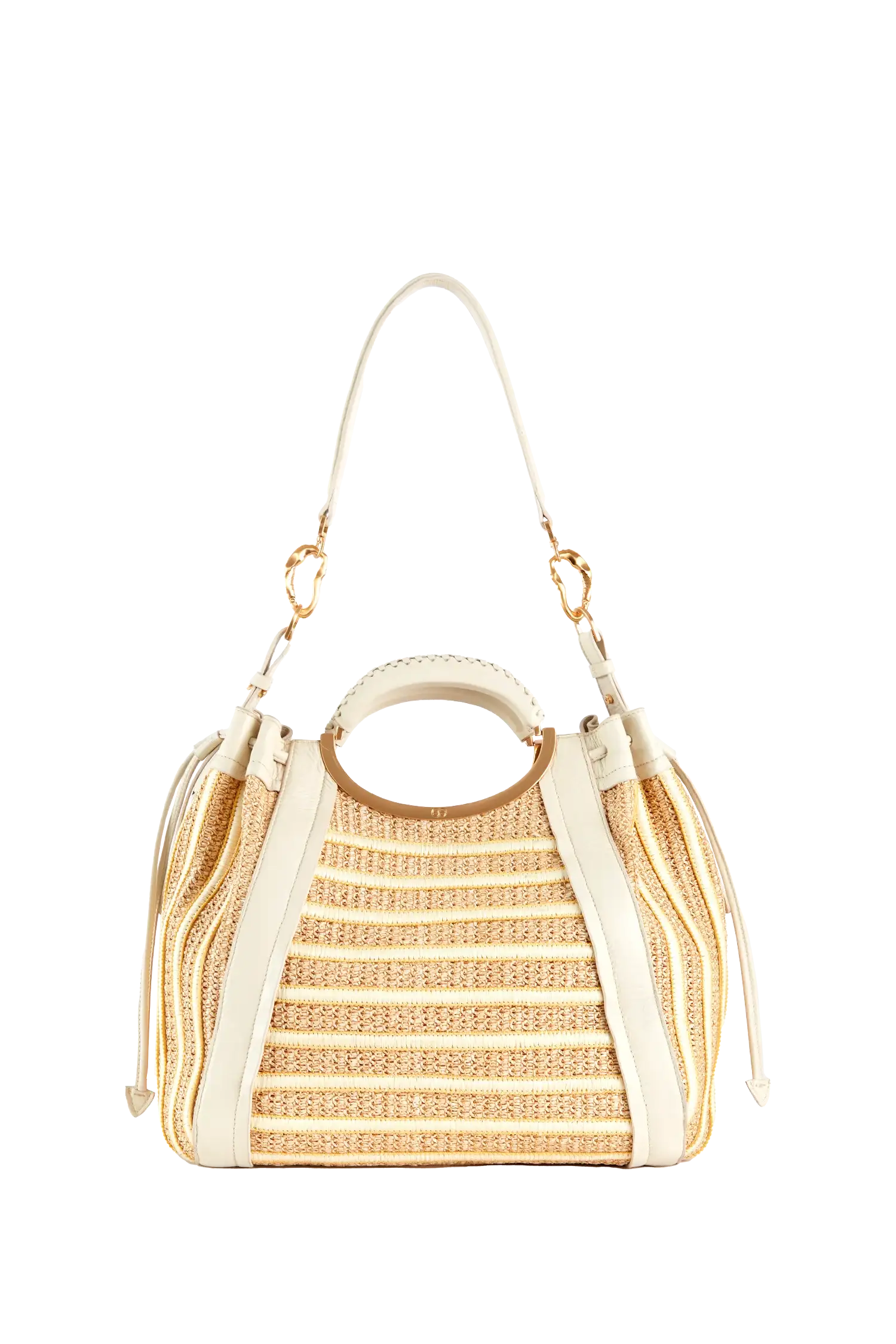 Bolsa de palha com alça circular e detalhes em couro off-white, design brasileiro sofisticado e funcional