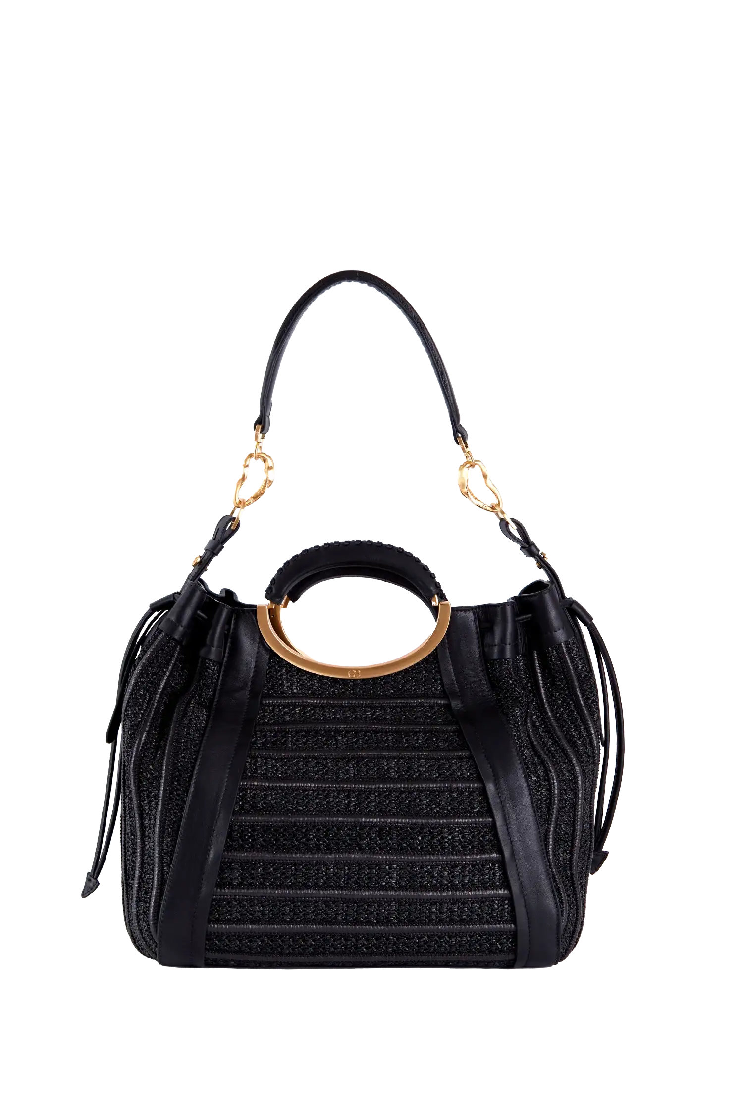 Bolsa preta com alça circular dourada e detalhes em franjas, design sofisticado e funcional