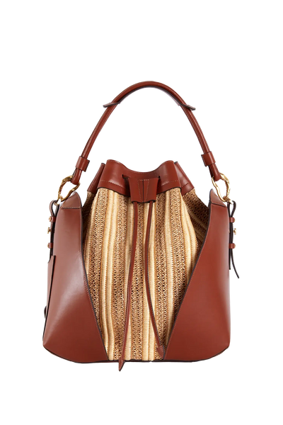 Bolsa de couro marrom com detalhes em palha trançada e alça de mão elegante